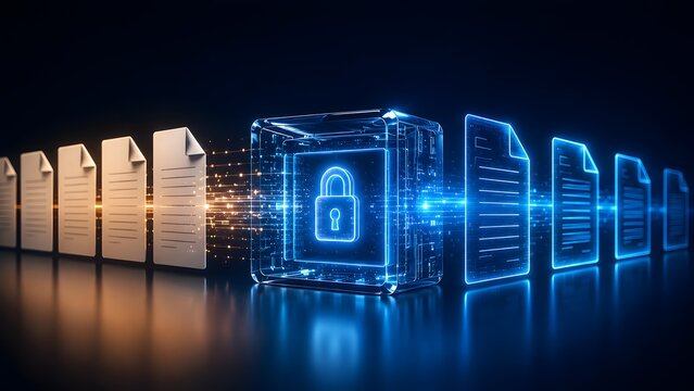 Protecting sensitive digital documents with advanced cybersecurity measures, ensuring secure data transfer and robust encryption across networks and cloud.