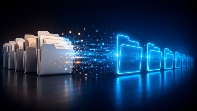Seamless digital transformation of important documents from traditional file folders to secure, modern cloud-based data storage and management systems.