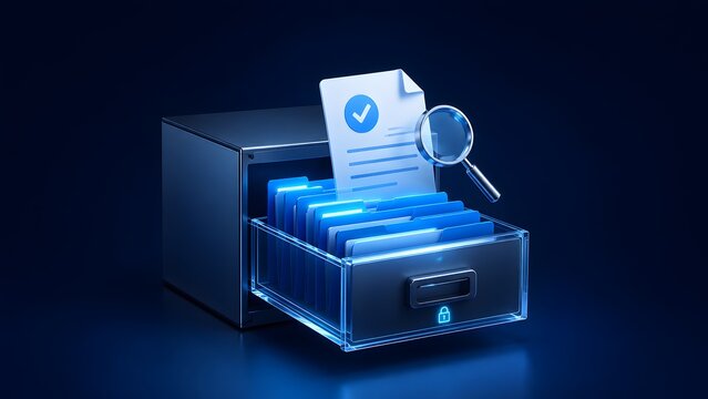 Secure digital data management concept, featuring a glowing cabinet with organized folders, a verified document, and magnifying glass for information search.