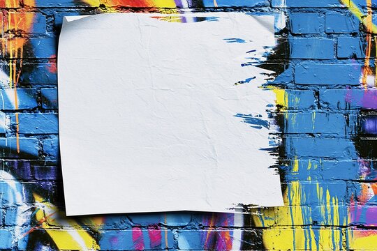 Blank White Paper Sheet Attached to Vibrant Graffiti Art Covered Brick Wall