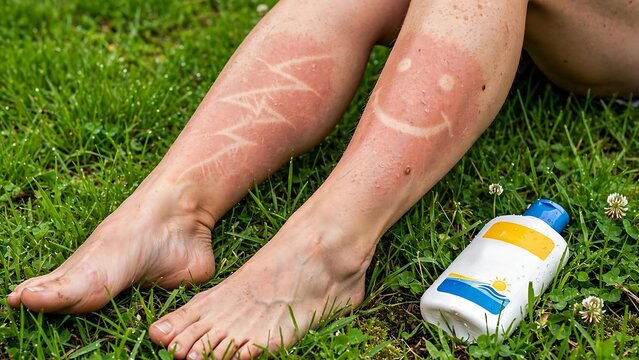 Sunburned Legs with Smiley Face and Zigzag Tan Lines