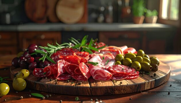 Delicious cured meats and fresh fruits.