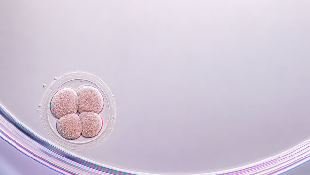 IVF four cell embryo in laboratory dish for reproductive medicine fertility treatment infertility and embryology studies