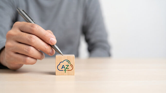 Cloud data center expansion, hand with pen and wooden cube on desk, concept of cloud storage migration and business growth