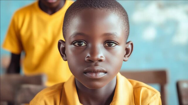 Young boy in yellow shirt stares directly at camera. Background blurred, showing classroom setting. Blue wall and wooden chairs softly out of focus. Child's expression calm, eyes wide and attentive