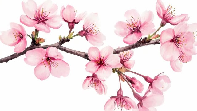 A vivid depiction of a cherry blossom with full bloom, showcasing the delicate petals and stamens in exquisite detail. Perfect for themes related to spring, nature, beauty, and floral arrangements.