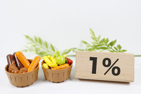 食料品の消費税率1%減税。バスケット盛り合わせの商品を模したおもちゃ。