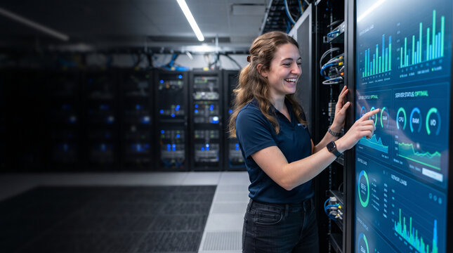 Data center server room woman smiling using digital monitor for network expansion and system control