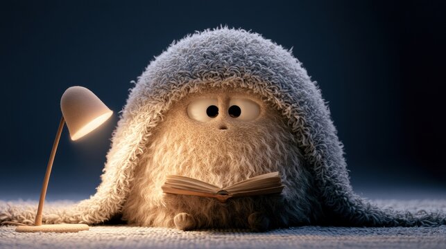 A small character sits under a fluffy blanket, reading a book in a dim room. A lamp nearby gives off a soft glow, creating a warm environment.