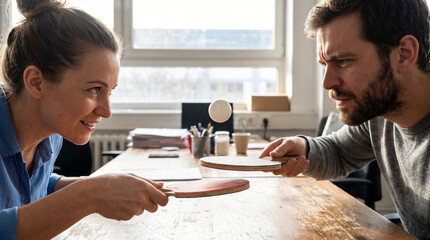 Fototapeta premium Coworkers playing mini table tennis in office