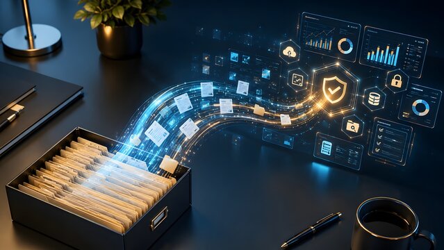 Seamless digital transformation of traditional documents into secure, organized cloud data, representing modern business efficiency, information management, and advanced cybersecurity.