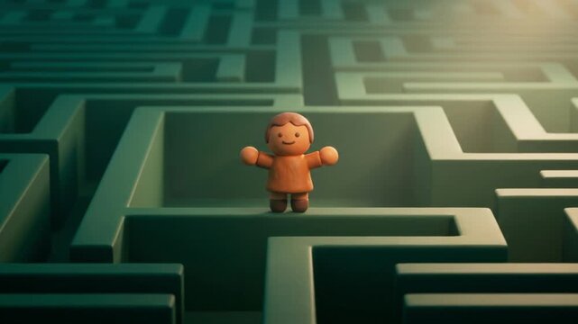 巨大な迷路の中で、迷いを乗り越えて自信に満ちて両腕を広げるクレイ調キャラクターの3Dアニメーション