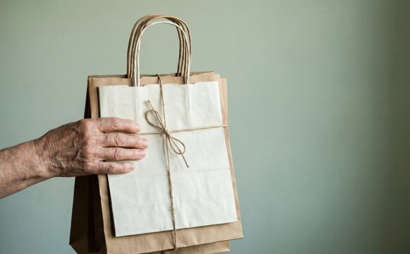 Elderly hands holding brown paper shopping bags tied with string for delivery concept
