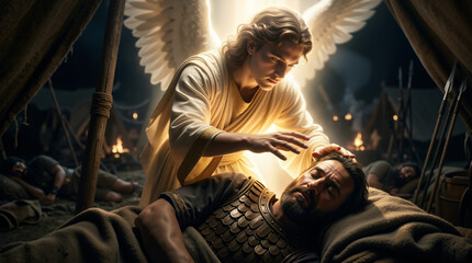 Obraz premium Angel of death smiting the Assyrian army. Glowing biblical angel with white wings leaning over sleeping soldier in military camp. Old Testament divine intervention concept