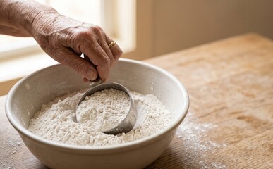 Fototapeta premium Elderly woman measuring flour in a bowl for baking at home kitchen table