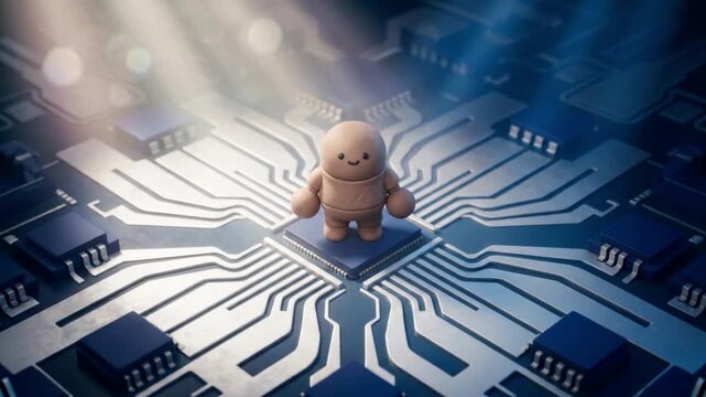 白金と青の光が照らす半導体電極パターンの上で、悩みを乗り越え前を向くクレイ調キャラクターの俯瞰3Dアニメーション