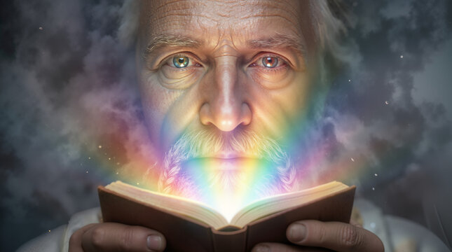 Close up of an elderly biblical man holding an open book with glowing rainbow light. Angel with a little scroll concept. Divine revelation and spiritual prophecy