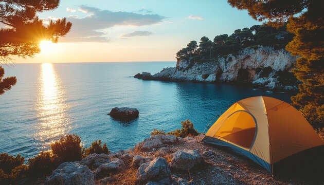 Camping tent on coastal cliff overlooking the sea at sunset