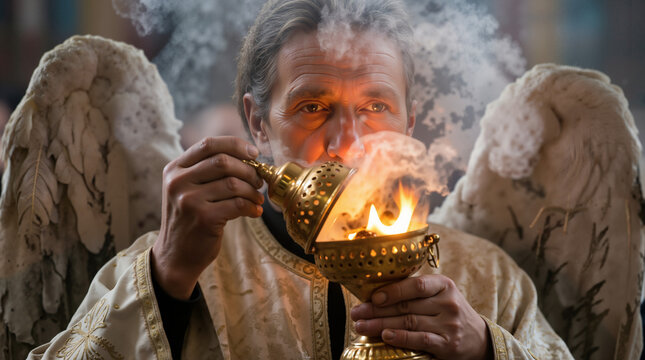 A close-up photograph of a man portraying an angel with large feathered wings, holding a golden censer. He wears an ornate white and gold liturgical robe. Bright orange flames and thick white smoke ri