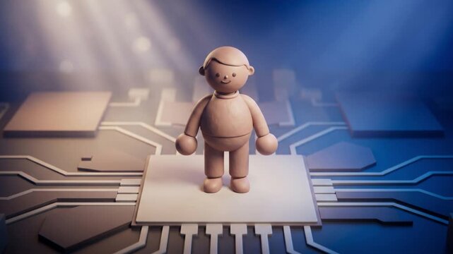 白金と青の光が照らす半導体電極パターンの上で、悩みを乗り越え前を向くクレイ調キャラクターの俯瞰3Dアニメーション