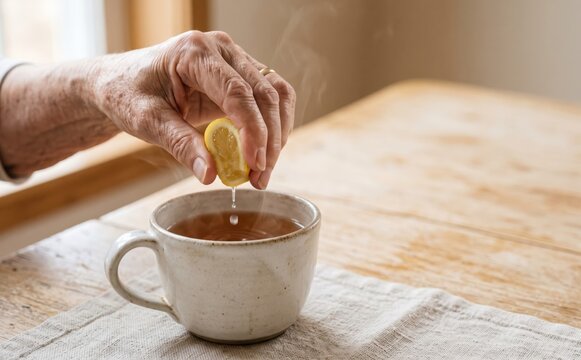 Elderly woman squeezing fresh lemon juice into a steaming hot cup of tea for wellness and health