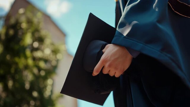 Graduate holds cap in sunlight, outdoors. Cap and gown suggest academic achievement. Blurry trees and sky frame the scene. Natural light highlights the hand and garment