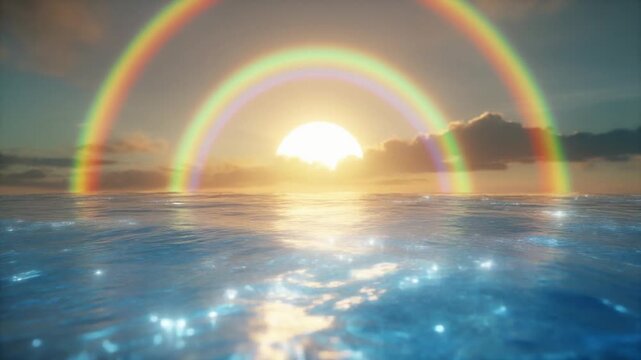 Sparkling Blue Ocean Waves with Vibrant Rainbow Arching in Soft Morning Light, Idyllic Cinematic Nature Background for Travel
