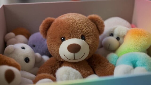 Cute Brown Teddy Bear in a Box of Soft Toys for Children Nursery Decoration, Full HD Playful Interior Background