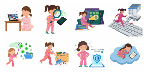 Fototapeta premium Cute girl character cleaning viruses and spyware from digital devices, cybersecurity and computer safety concept set for kids