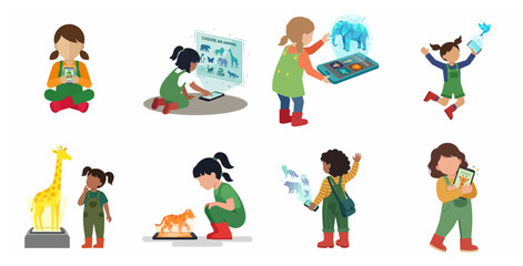 Fototapeta premium Children Using Augmented Reality Technology to Interact with Animal Holograms and Virtual Zoo on Tablets and Smartphones Vector Illustration