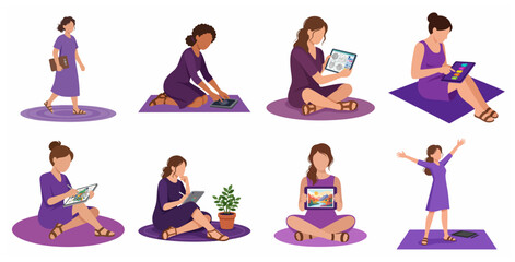 Fototapeta premium Set of women illustrators using digital tablets for drawing and design in various poses