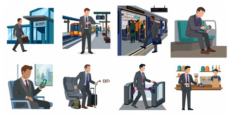 Fototapeta premium Businessman Daily Commute Illustration Set, Office Worker Traveling by Train and Using Mobile Payment Vector Graphics