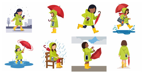 Fototapeta premium Set of children in green raincoats and yellow boots using waterproof phone pouches with umbrellas in the rain