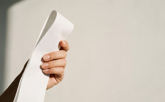 Hand holding a long white receipt or paper scroll against a neutral wall