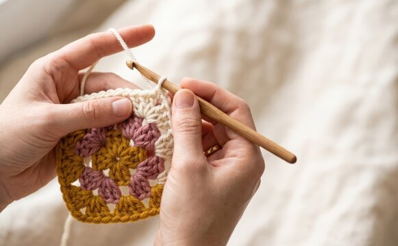 Woman crocheting a granny square blanket with wooden hook and yarn, handmade craft concept