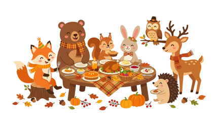 Cute cartoon forest animals having a festive thanksgiving dinner party together.