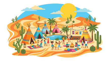 Colorful desert festival illustration with people dancing and camping in teepees under the sun. © Lariss