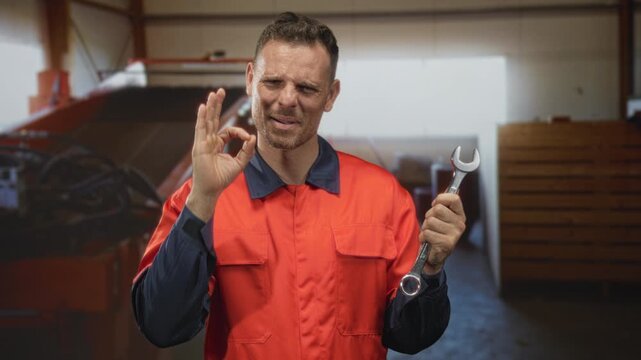 Man handyman holding wrench and making ok hand gesture in workshop building, wearing orange uniform and blue undershirt, facial squint inspecting tool; skill confidence.