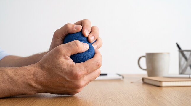A person's hands tightly gripping a blue stress ball, with a desk and office supplies in the blurred background. The image evokes a feeling of tension and the need for stress relief.