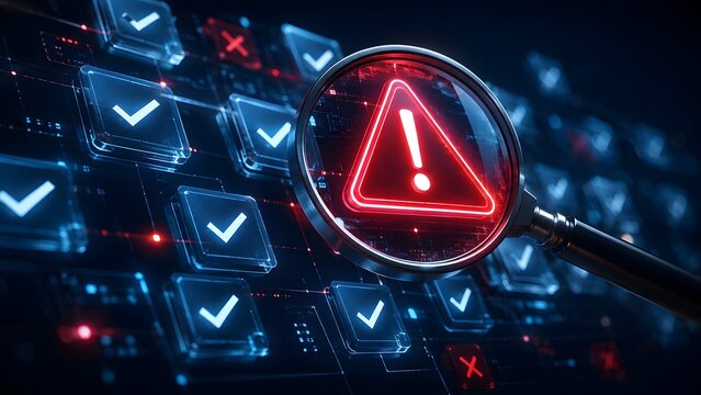 Magnifying glass highlighting a glowing red warning triangle alert on a digital grid of blue checkmarks symbolizing anomaly detection and risk management.