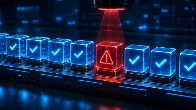 Automated futuristic assembly line scanning transparent cubes with red laser identifying a defective warning cube among approved blue checkmark cubes.