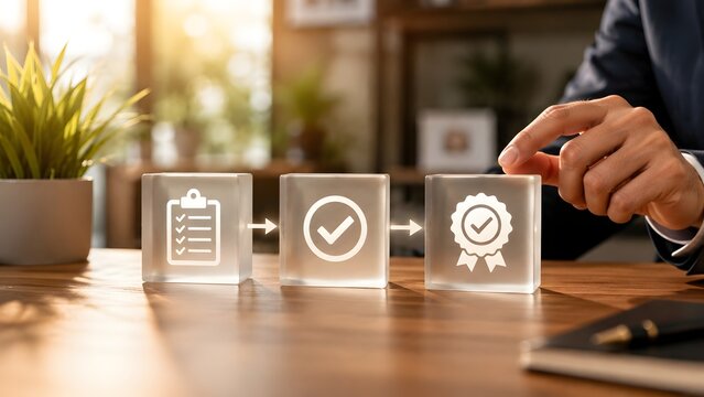 Businessman hand arranging glass square blocks with checklist approval mark and certification badge icons for quality assurance and compliance concept.