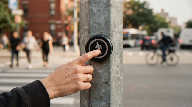 A close-up shot of a hand pressing a pedestrian crossing push button at a busy city intersection.