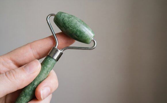 Green jade face roller for facial massage and anti aging skincare routine in hand