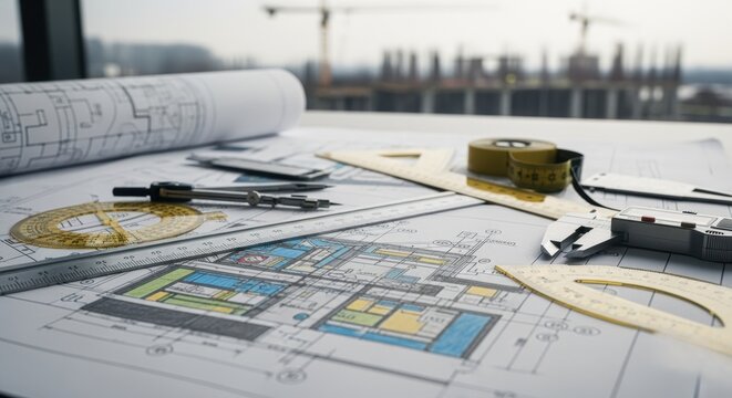 Urban development project sketches with measuring instruments.