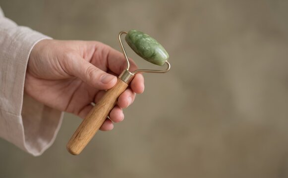Woman holding jade face roller for skincare and anti aging beauty treatment massage