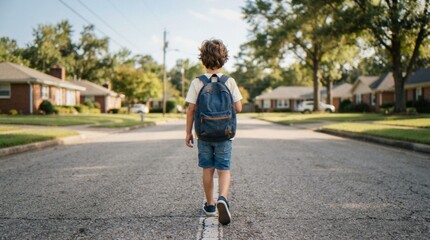 Fototapeta premium A young schoolboy walking alone down the middle of a suburban residential street, carrying a backpack and heading toward school on a sunny day.