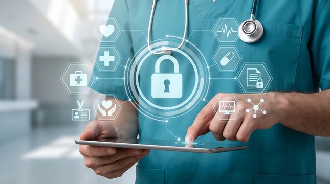 Medical data security and privacy protection with doctor using digital tablet and virtual padlock interface for patient records
