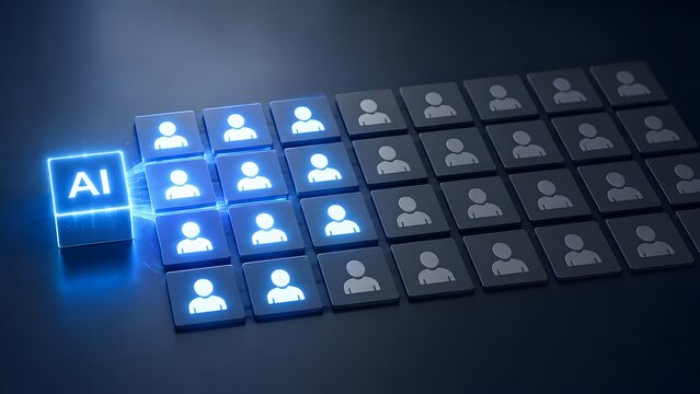 Artificial intelligence (AI) block illuminating and activating user icons, showcasing AI's expanding influence on human networks, digital engagement, and workforce integration.
