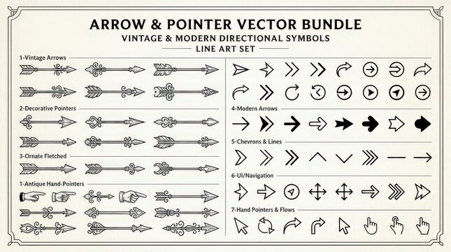 Arrow and Pointer Vector Bundle: A comprehensive collection of vintage and modern line art symbols featuring a variety of arrows and pointer icons for directional design needs.